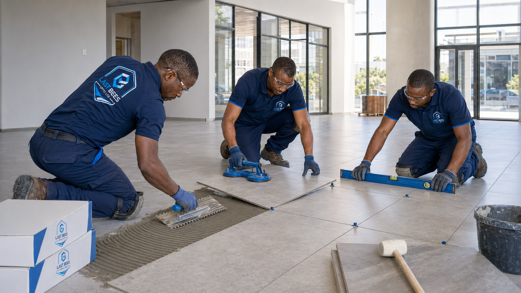 Last Bees employees professionally installing floor tiles