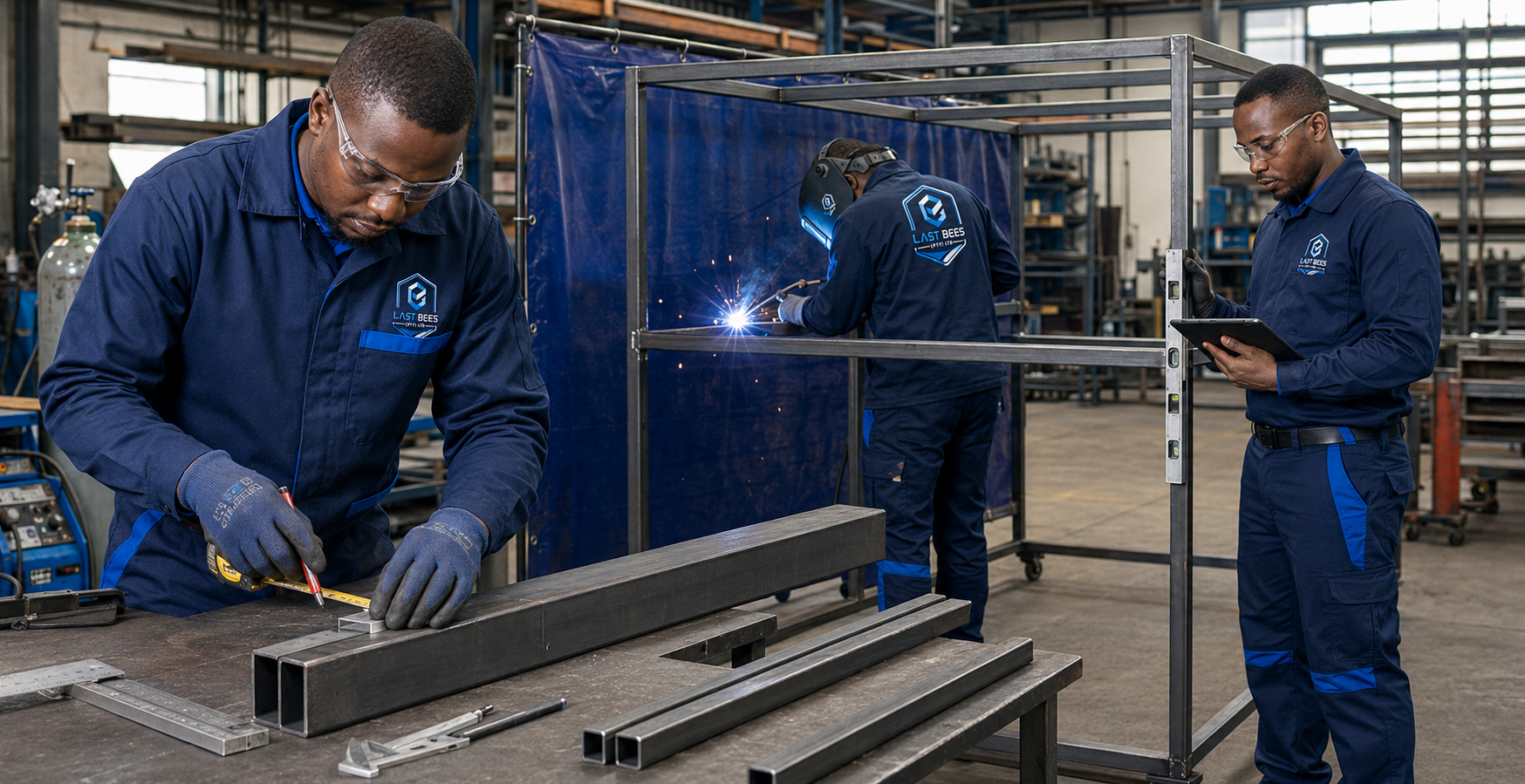 Last Bees employees measuring, welding and inspecting steelwork